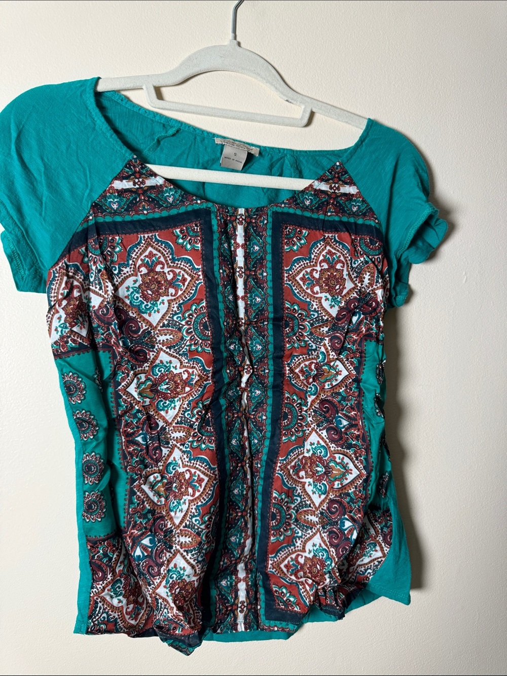 Lucky Brand Teal and Rust Printed Short Sleeve Blouse